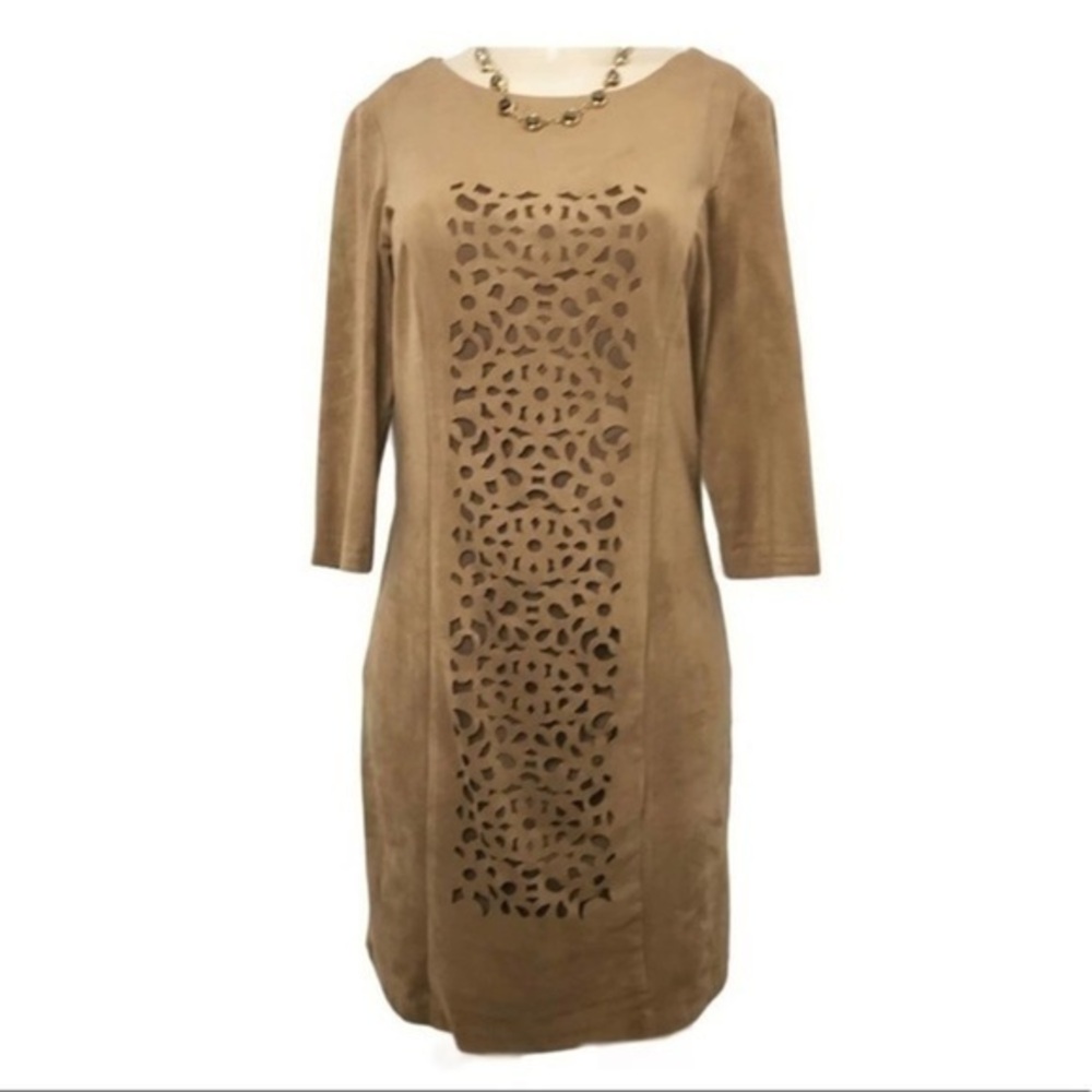 Tribal Taupe Suede-Look Mini Dress with Laser-Cut Front Panel